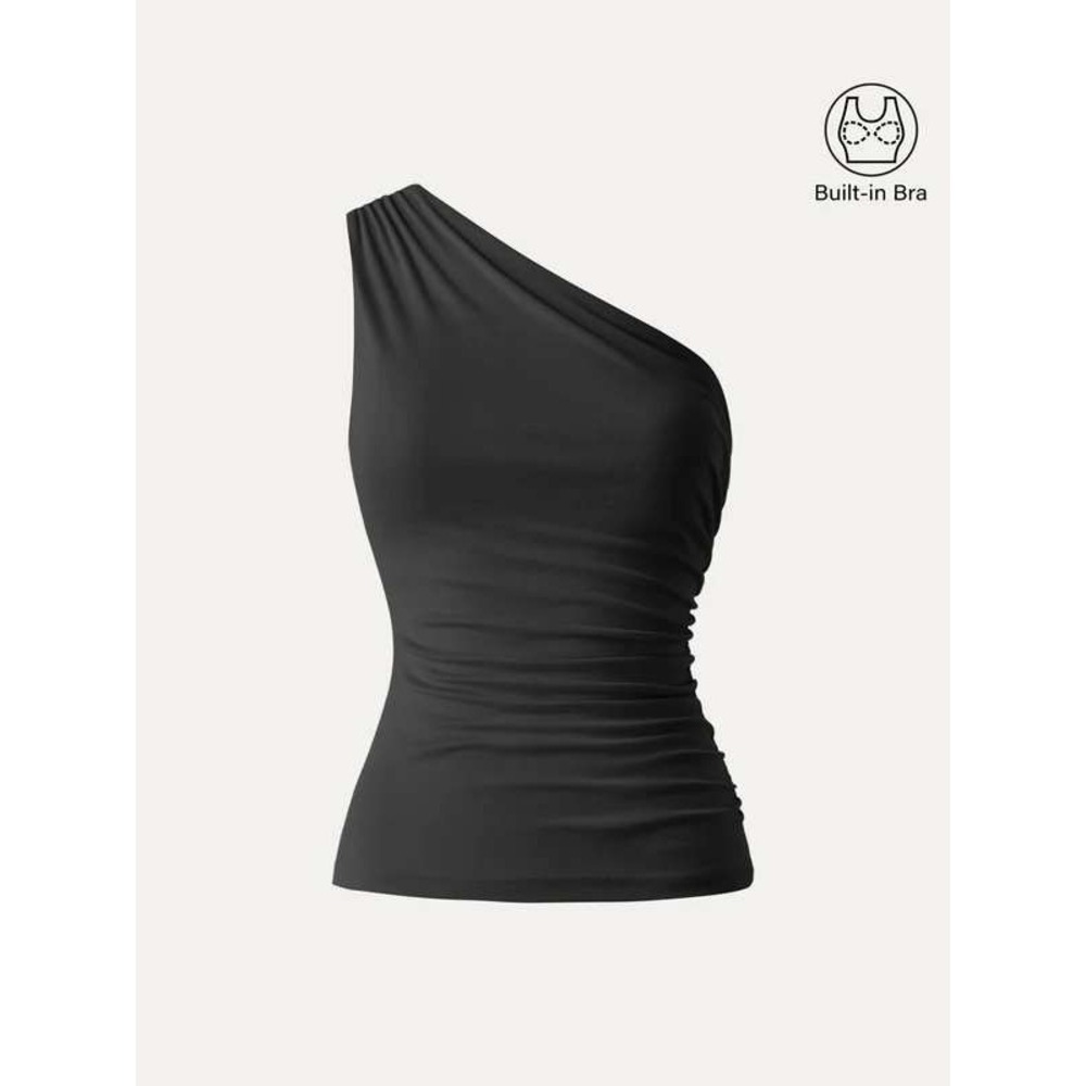 OGL One-Shoulder Black Ruched Tank Top